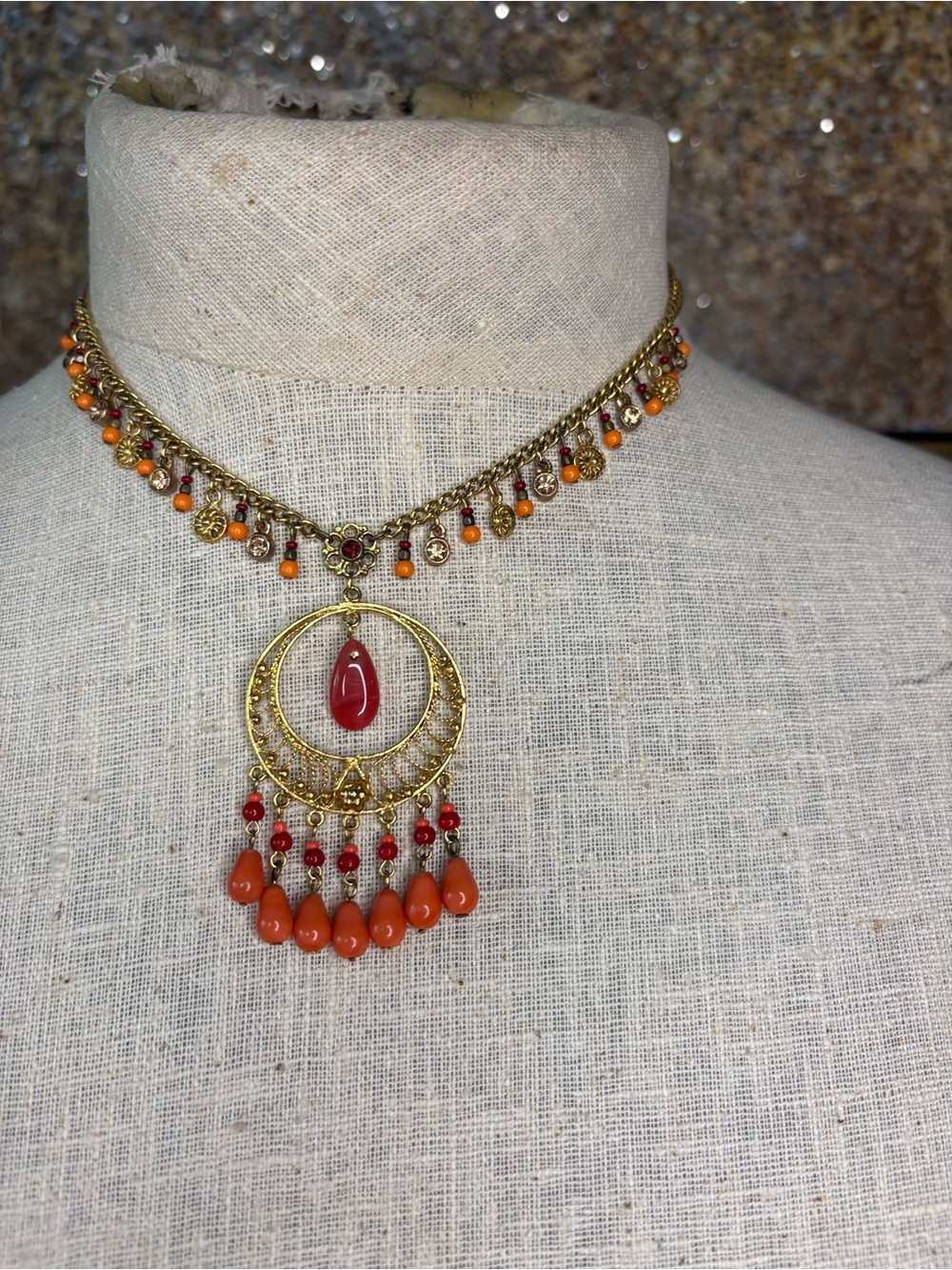 Robert Rose Vintage Boho Choker Necklace Gold Tone Coral Fringe Statement